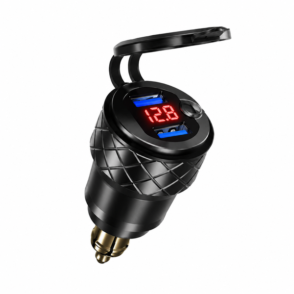 MERIT Dual USB QC3.0 DIN Motorcycle Charger with Voltmeter & Power Switch